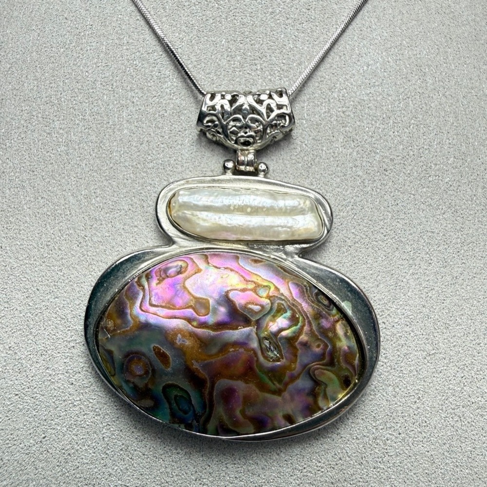 Large Abalone Shell and Freshwater Pearl Pendant Snake Chain Necklace 15"